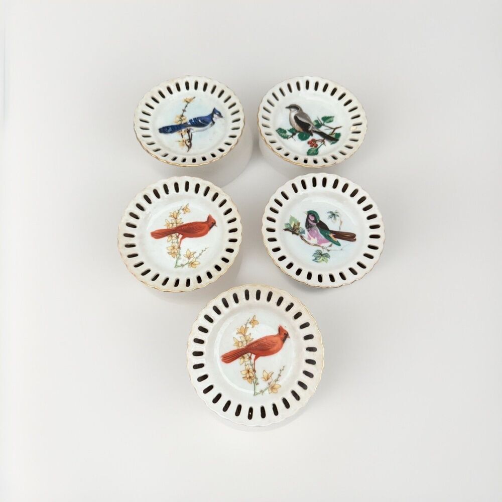 Vintage Pierced Rim Wall Plates Japan Hand Decorated Wild Bird Motif MIJ Set 5